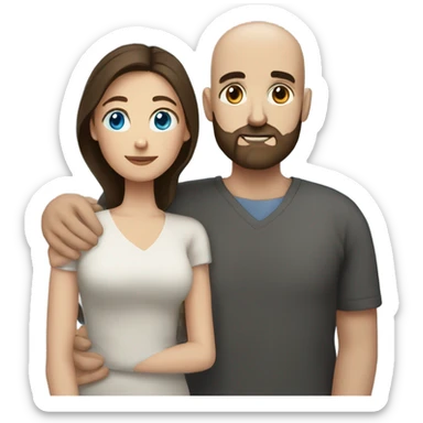 dark brown haired woman with blue eyes cuddling bald man with beard sticker
