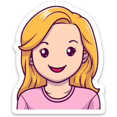 Young girl with pale skin, full pink lips smiling, blonde reddish long hair, big brown eyes with a hint of green, big mouth sticker