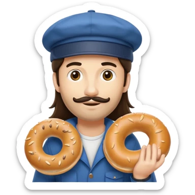 tourist brunette long hair man with cap holding bagel sticker