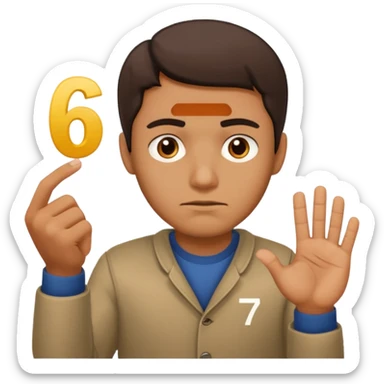man frowning holding up numbers 6 in left hand and 7 in right hand sticker