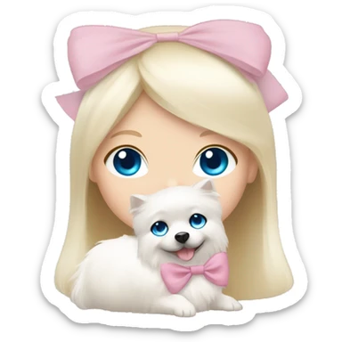 Blond girl white skin blue eyes hugging white Pomeranian with light pink bow sticker