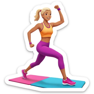 An energetic person performing an aerobics workout in a brightly lit gym, jumping and stretching with enthusiasm. The scene includes vibrant fitness equipment like dumbbells and exercise mats, with a background of cheerful, motivating colors, conveying energy and movement. sticker