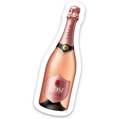 bottle of sparkling rosé champagne with a rose logo on the label, tilted up and to the right, no glass sticker