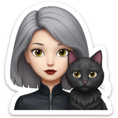 femme aux yeux gris, cheveux court bordeaux avec cuir noir, accompagné d'un chat poils longs gris clair et d'un chat poils ras noirs sticker