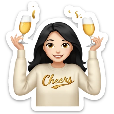 A woman with longer black hair, light to medium skin tone, full cheeks, and almond-shaped eyes, wearing a simple white sweater with the word 'cheers' in gold script, joyful and radiant expression, cheerful, emoji style, just her torso, no hands. sticker