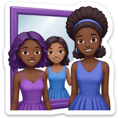 Two black girls. One in purple and one in blue. Both smiling at a mirror in a store sticker