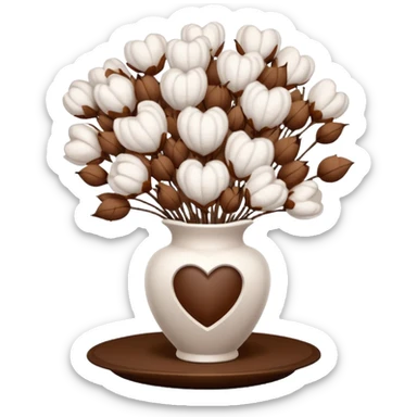 a bouquet of cotton flowers with brown dried petals, in a white ribbed vase on a white tray. next to it is a figurine in the form of a white heart, with a soft glow sticker