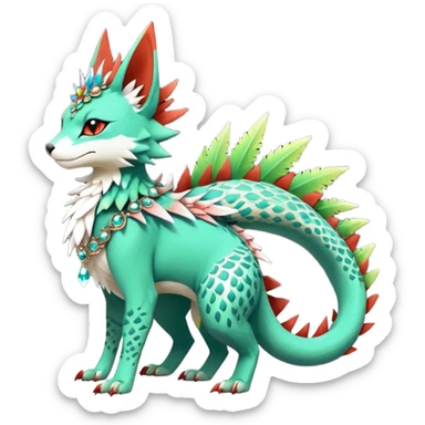 Kawaii cute greenish reddish colorful warm-colored exotic tropical beautiful pretty elegant divine edgy feline-vernid-sergal-Fakémon-Pokémon-fursona-animal-creature with accessories, jewelries, full body, with intricate detailed markings, spikes, crystals, fins, scales, spiny, feathered, headdress sticker