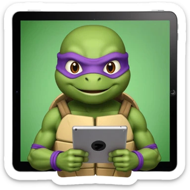 Donatello from Teenage Mutant Ninja Turtles, emoji style, holding a tablet with a hacking screen, with a green hacking interface sticker