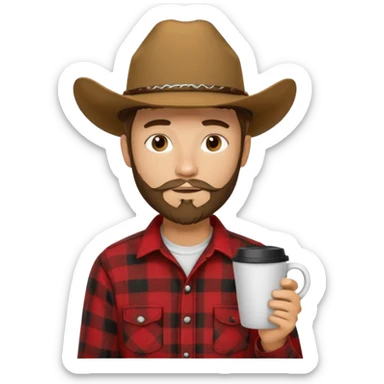 generate an ios genmoji of a 20 year old tan boy with a cowboy hat and side burn beard. Wearing a flannel and carrying a coffee mug sticker