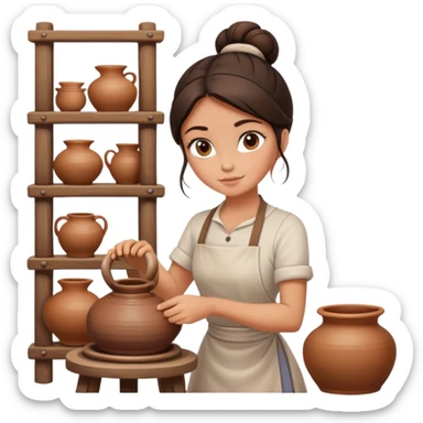 Brunette girl with bun, behind pottery wheel sticker