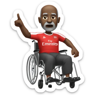 old black bald man with a round belly in wheelchair. angry face. grey stubble. he is pointing finger in front. wearing Arsenal soccer shirt sticker