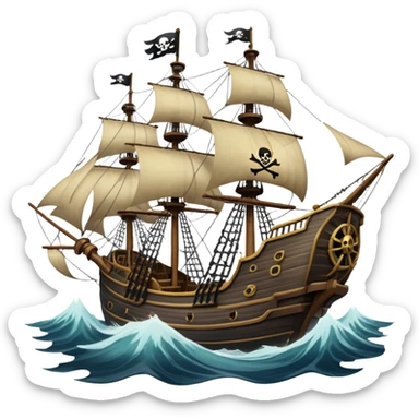 An icon representing an adventure game, inspired by high-seas exploration. The design features a fearless pirate gripping the wheel of a grand sailing ship, its tattered Jolly Roger flag billowing as it cuts through stormy waters. The scene evokes danger, treasure, and the thrill of the open sea. Transparent background. sticker