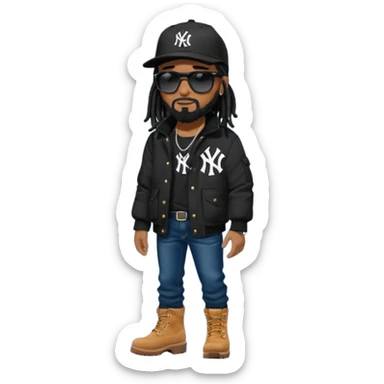 African American man with shoulder length black dreadlocks with black beard wearing black sunglasses wearing a black New York Yankees logo baseball cap wearing a black bubble winter coat wearing denim skinny jeans and Timberland boots with on hand in his pocket sticker