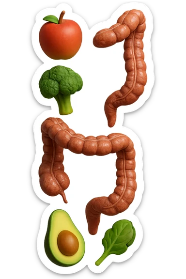 emoji stile iphone in 3d di cibo sano che fluttua in aria vericalmente insieme a pezzi di colon umano anatomico, iperrealistico 4k sticker