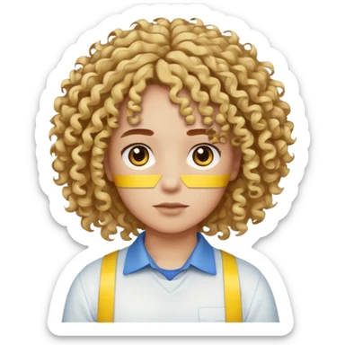 Make me an emoji that has a guy with a white shirt and yellow tape around the shirt with brown and blue spots hair make the hair curly make the yellow tape go around it sticker