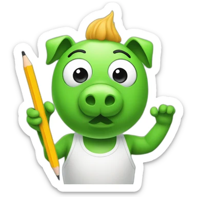 green piggy holding a pencil in his hand sticker