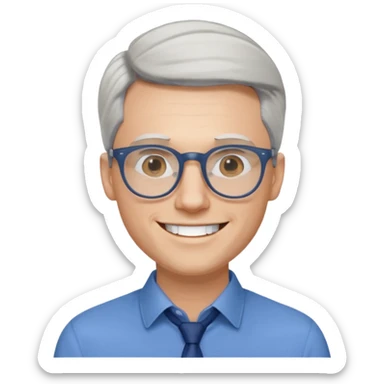 30 yr old pale white man, white/grey side swept stylish hair, round glasses, big smile, white teeth, handsome, longer hair, thin glasses, blue dress shirt sticker