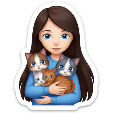 a girl with long dark 
brown hair, with blue eyes, hugs 3 different natural coloured small cats sticker