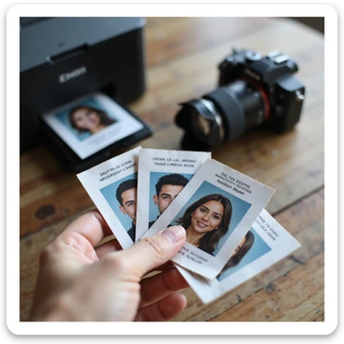 realistic thumbnail for a passport photo printing service, featuring a hand holding several printed passport photos with a camera and printer in the background sticker
