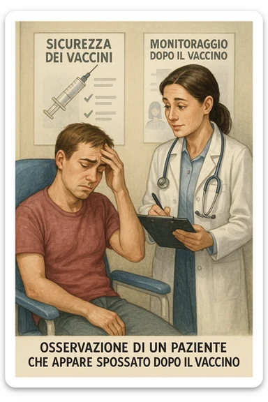 Vertical, educational medical illustration: a healthcare professional observes a patient who appears unwell after receiving a vaccine. The patient sits in a clinic chair, showing mild symptoms such as fatigue or headache, while the professional takes notes and offers reassurance. The background includes educational posters about vaccine safety and monitoring. realistica in italiano sticker