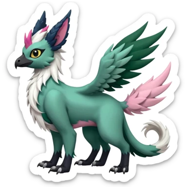 Dark-deep-Emerald-green gryphon-Trico-Nargacuga-Absol-Leafeon-Sprigatito-Silvally-fusion-hybrid with a long tufted tail, black beak, pink accents, black claws, black tail, majestic, realistic, furry (full body) sticker