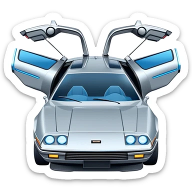 Retro-futuristic hover car inspired by the DeLorean, gullwing doors, silver metallic body with blue-tinted windows, stylized jet boosters in the back, flat vector style, outlined shapes, minimal design sticker