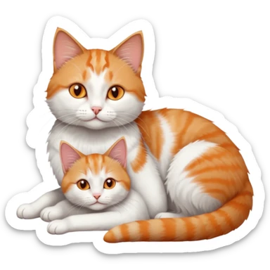 full body of a grey and white cat cuddling a very small + skinny ginger and white kitten with deep orange eyes and triangular shaped face lying down sticker