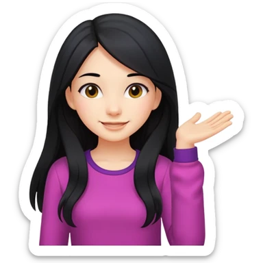 cewe rambut panjang hitam ceria keliatan setengah badan dan badannya kayak lagi nyender ke sesuatu di sebelahnya bajunya ceria sticker