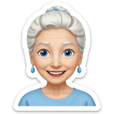 abuela con ojos azules, pelo blanco, pelo blanco y amarrado, aspecto feliz sticker