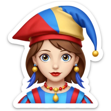 a girl A classic two-armed jester's hat with red and blue stripes, a yellow brim, and small yellow bells on the tips. brown hair blue and red eye's

 sticker
