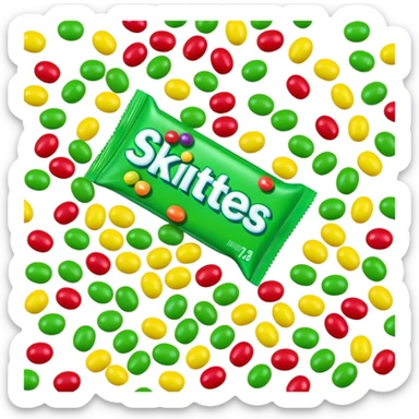 A pile of green Skittles candies next to a colorful Skittles package. Simple minimalist design. sticker