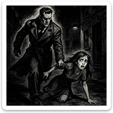 a man in a trench coat dragging a girl, illustrated in noir comic style sticker