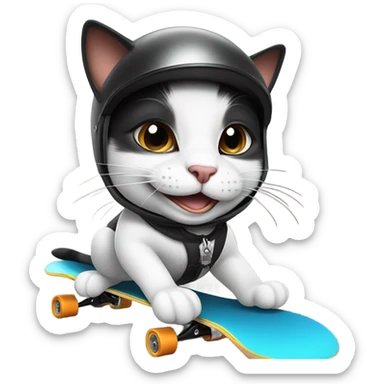 Grinning Black and white cat skateboarding with tiny crash helmet  sticker