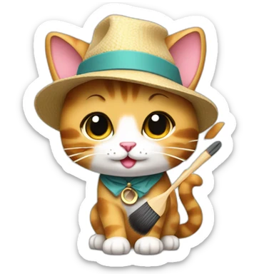 Kawaii cat artist in hat with a brush so it can be used as a mouse cursor sticker