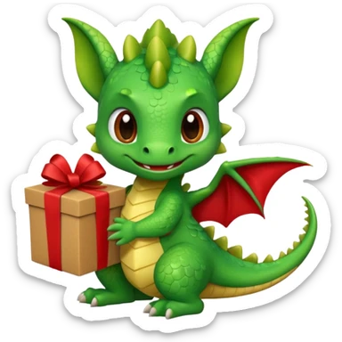 a cute baby dragon is holding a brown carton gift with red ribbon sticker