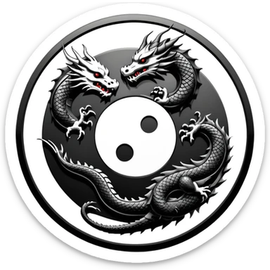 An icon symbolizing Eastern martial arts in the style of an emblem, featuring a black-and-white Yin-Yang symbol and a dragon at the center, surrounded by elements like a dojo. Transparent background highlights balance and power. sticker