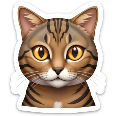 Cinematic Noble Grey and Black Brown Tabby Cat Portrait Emoji, Poised and regal, with sleek grey-brown fur featuring bold black tabby stripes and a distinct M-shaped marking on the forehead, bright amber eyes, Simplified yet sharp and sophisticated features, highly detailed, glowing with a soft, dignified glow, high shine, intelligent and graceful, stylized with an air of elegance, focused and attentive, soft glowing outline, capturing the essence of a watchful and refined feline, so majestic it feels as though it could glide across the screen with effortless confidence! sticker