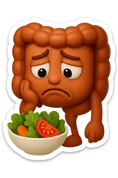 EMOJI STILE IPHONE DI UN INTESTINO UMANO ANATOMICO CHE GUARDA UN INSALATA CON ESPRESSIONE TRISTE E RASSEGNATA IN VOLTO: SOFFRE LA FAME PERCHé è A DIETA, FAGLI ANCHE LA PARTE BIANCA DEGLI OCCHI, NON SOLO LE PUPILLE, IPERREALISTICO 4K sticker