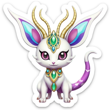 Shiny Horned Antenna’d Colorful Futuristic Ornate Oriental Painted Asian Fae-Vernid-Trico-Meloetta-Latias-Koraidon-Peppercat-Protogen-Pokémon-Digimon-Fakémon-fusion-hybrid-creature sticker