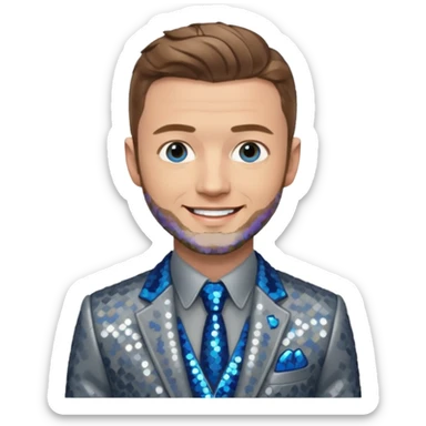 Justin Timberlake with light brown hair, blue eyes, sequin grey suit jacket sticker