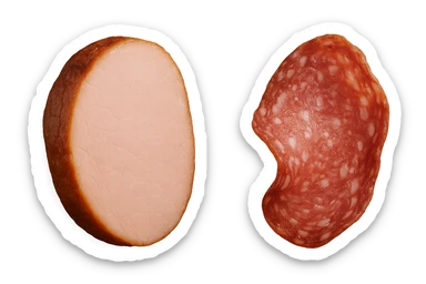 fettine di prosciutto cotto e di salame fluttuano in aria verticalmente, IPERREALISTICA 4K sticker