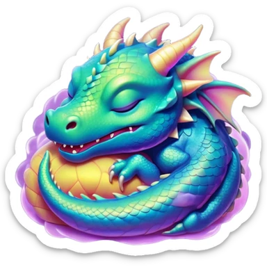 Meme-Worthy Cute Sleeping Dragon Portrait Emoji, Head resting peacefully with a contented smile, showcasing a sinuous, graceful build and a luxuriously soft, iridescent scaled body, eyes gently closed in serene, magical slumber, Simplified yet hilariously adorable features, highly detailed, glowing with a soft, drowsy mystical light, high shine, relaxed and utterly lovable, stylized with an air of playful fantasy, soft glowing outline, capturing the essence of a sleeping dragon that feels destined to become the next viral sensation of enchanted rest! sticker