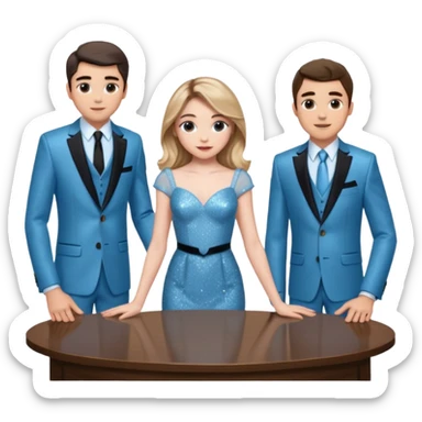 Sabrina carpenter in a light blue sparkly dress at a table with 3 handsome men, and she is standing up reaching over  sticker