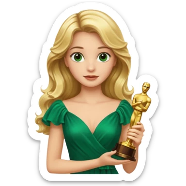 blonde model, brown eyes, long wavy hair, oscars red carpet, emerald green, holding oscar sticker