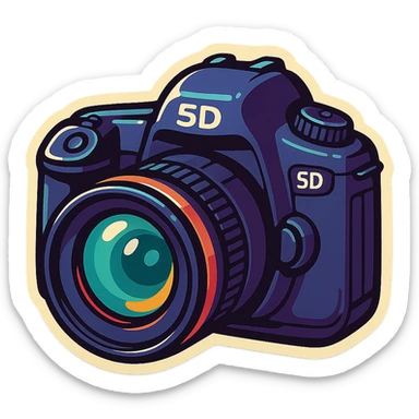 retro sticker style illustration of a DSLR camera inspired by Canon 5D Mark III, bold outlines, expressive shadows, glossy highlights, juicy playful bright look, classic DSLR shape and lens details sticker