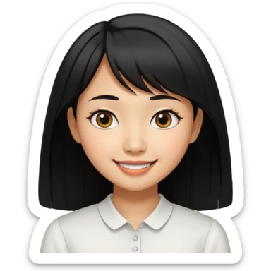 30 yr old asian woman center parted hair big eyes big smile tanned skin straight black hair hippie part hair white blouse shoulder length hair middle parted hair few short bangs at front sticker