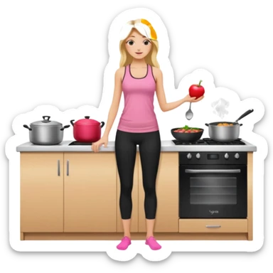 Render from knees up, view from the back, fair skinned woman, thin, long blond hair, cooking dinner in kitchen, pink loose tank top, showing natural B cup breast shape SFW, black yoga pants, perfect booty sticker