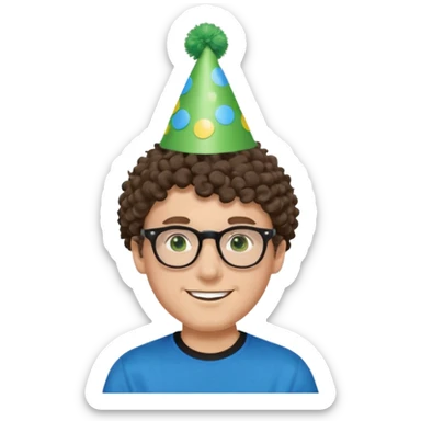 A white guy with curly brown hair and green eyes with a happy face, and wear square black glasses.He’s also got a full silver birthday party hat on his head with blue pom poms on top of it, and his T-shirt is all black, he wears a little gold circle earrings on his left  sticker