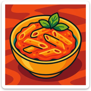a bowl of creamy vodka pasta with penne noodles, tomato sauce, and a sprig of basil, appetizing and colorful sticker